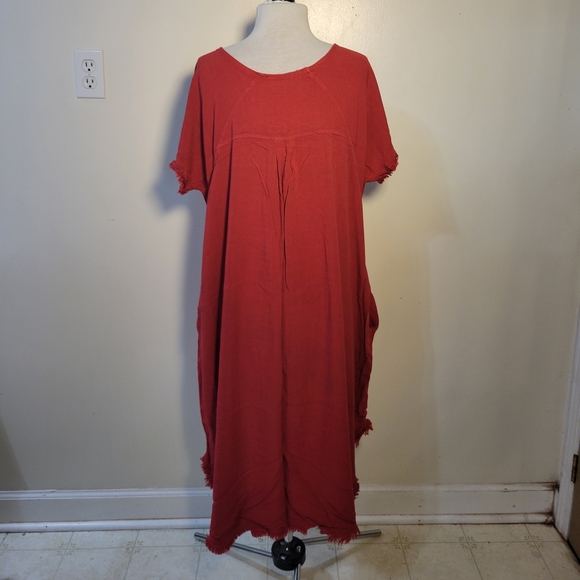 Vasna (Women's L) Red High-Low Frayed Hem Cotton Linen Blend Casual Dress - Picture 4 of 8